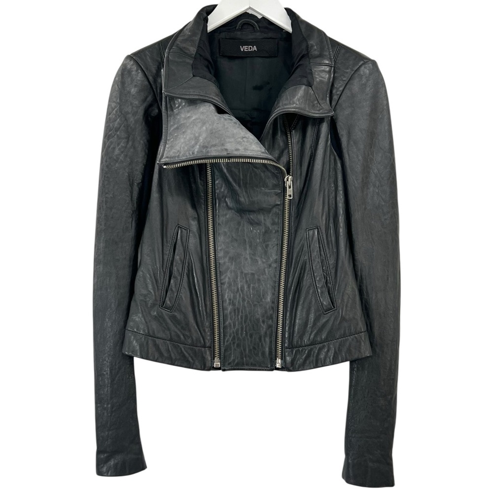 VEDA Black Mixed Material High Neck Moto Genuine Leather Biker Jacket